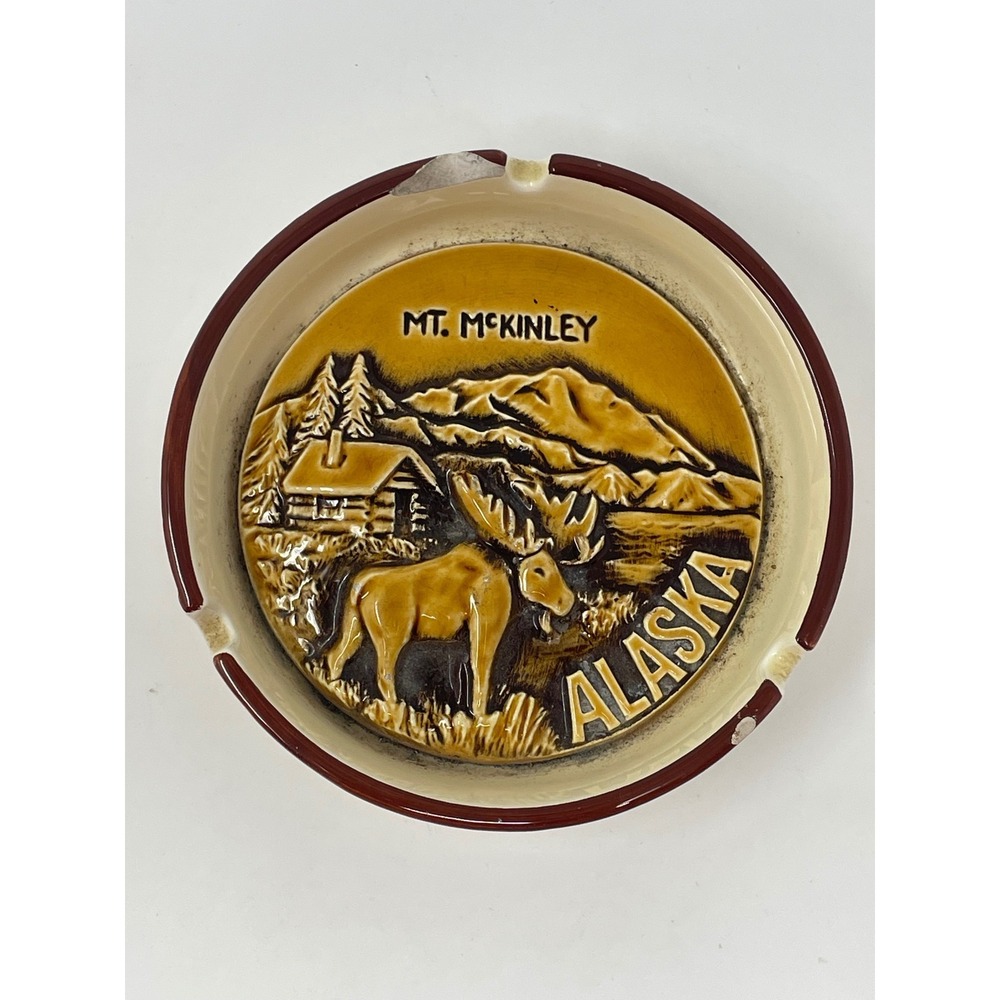 Vintage Mt. McKinley Alaska Ceramic Ashtray - 3D Moose & Cabin Relief, Souvenir